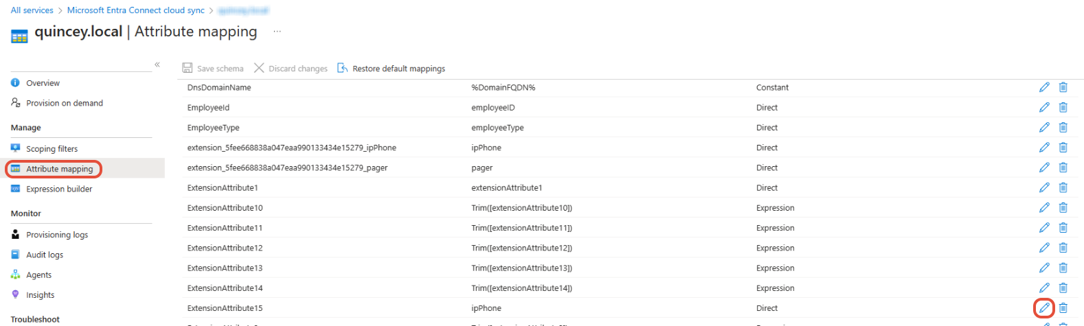 Entra Connect Cloud Sync attribute mapping list showing ExtensionAttribute entries with Edit button